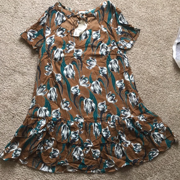 Floral Linen Cheongsam Ruffle Tier Mocha Brown Leafy Green Women's Doll Dress - Picture 7 of 7